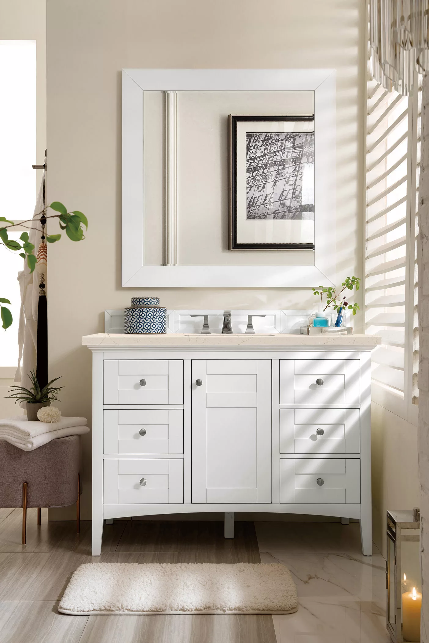 Palisades 48" Single Vanity, Bright White w/ 3 CM Eternal Marfil Quartz Top - Image 2