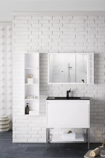 Mantova 31.5" Single Vanity, Glossy White, Brushed Nickel Base w/ Charcoal Black Composite Stone Top - Image 2