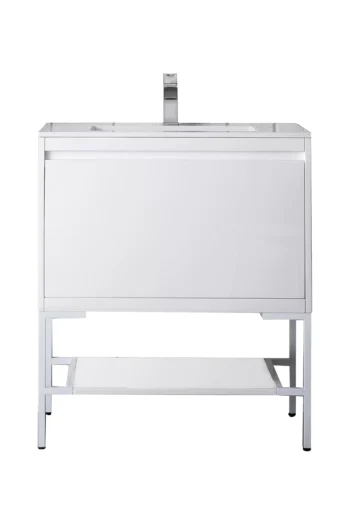 Milan 31.5" Single Vanity, Glossy White, Glossy White w/ Glossy White Composite Stone Top