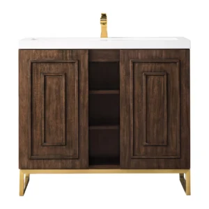 Alicante 39.5″ Single Vanity, Mid-Century Acacia, Radiant Gold w/ White Glossy Composite Stone Top