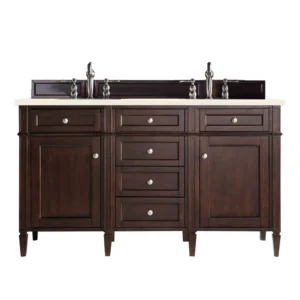 Brittany 60″ Double Vanity, Burnished Mahogany w/ 3 CM Eternal Marfil Quartz Top
