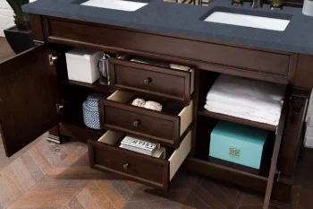 Brookfield 60" Double Vanity, Burnished Mahogany w/ 3 CM Charcoal Soapstone Quartz Top - Image 4