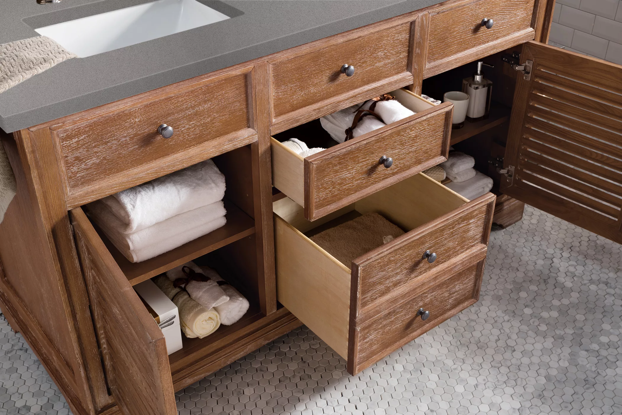 Savannah 60" Double Vanity, Driftwood w/ 3 CM Grey Expo Quartz Top - Image 4