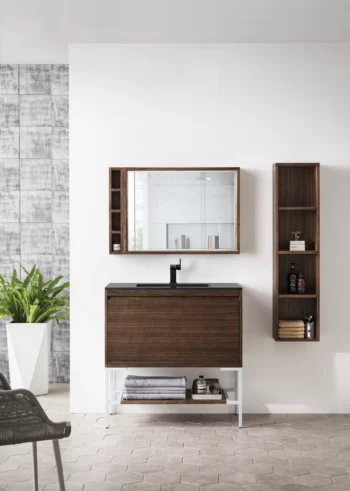 Milan 35.4" Single Vanity, Mid-Century Walnut, Glossy White w/ Charcoal Black Composite Stone Top - Image 2