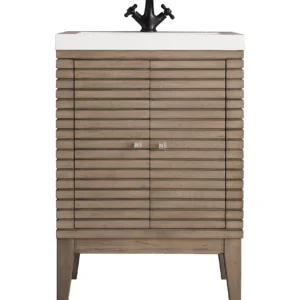 Linden 24″ Single Vanity, Whitewashed Walnut w/ White Glossy Composite Stone Top