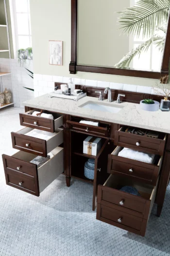 Brittany 60" Single Vanity, Burnished Mahogany w/ 3 CM Eternal Jasmine Pearl Quartz Top - Image 4