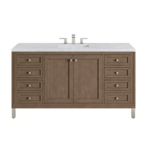 Chicago 60″ Single Vanity, Whitewashed Walnut w/ 3 CM Carrara Marble Top