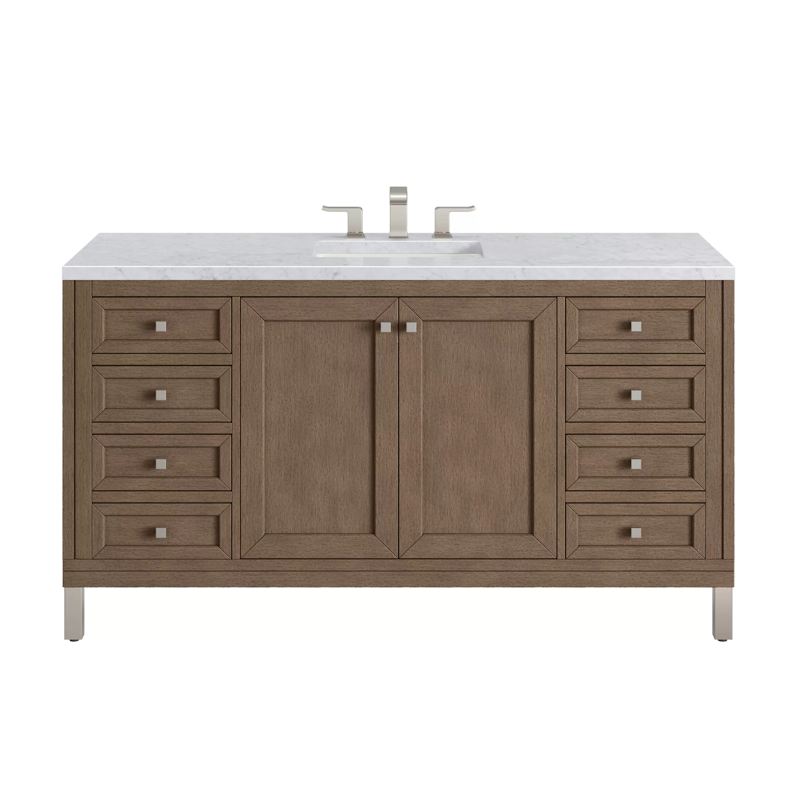 Chicago 60" Single Vanity, Whitewashed Walnut w/ 3 CM Carrara Marble Top