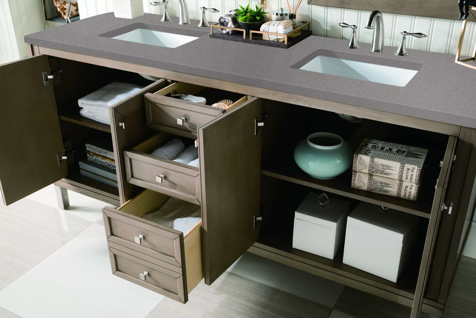 Chicago 72" Double Vanity, Whitewashed Walnut w/ 3 CM Grey Expo Quartz Top - Image 6