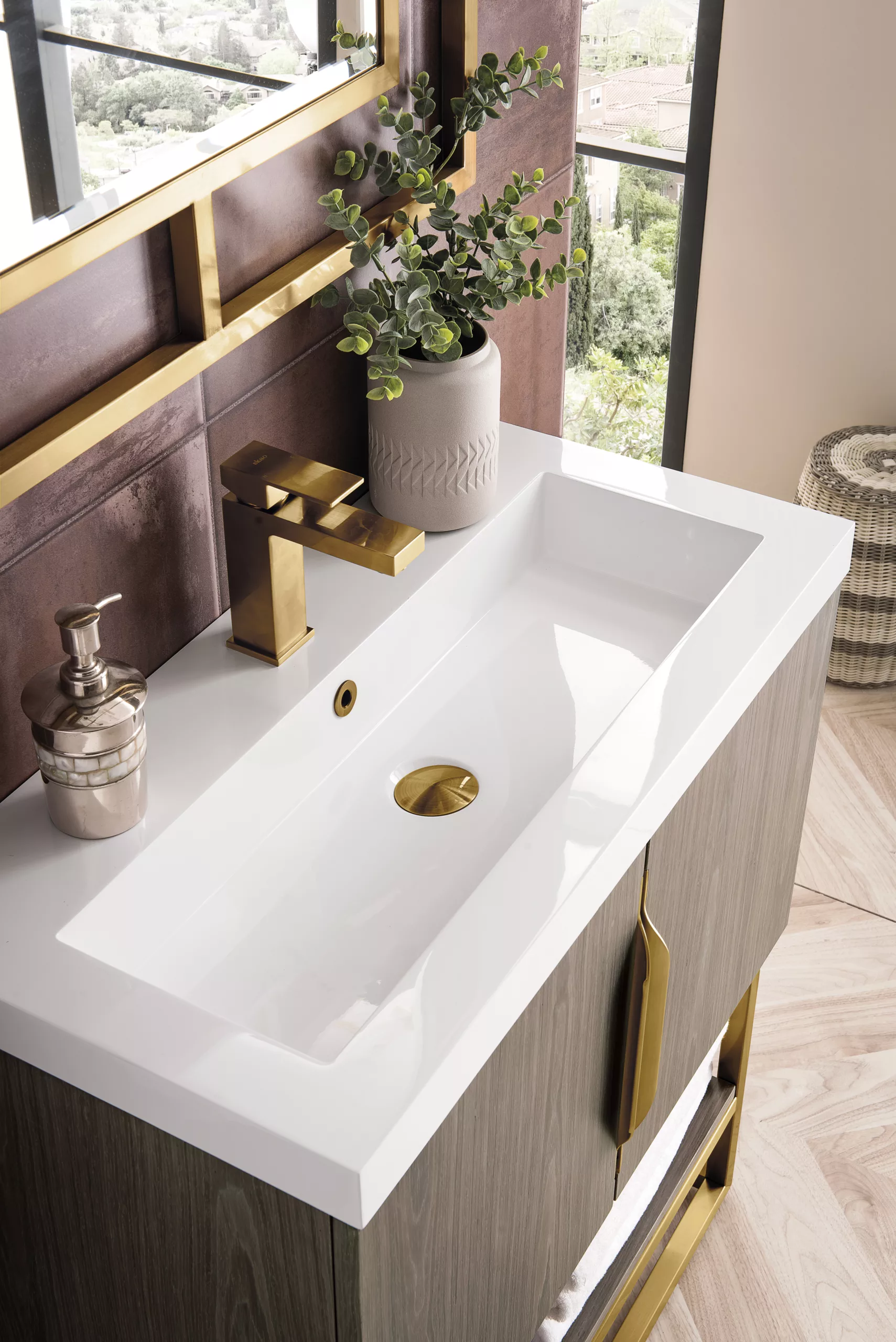 Columbia 31.5" Single Vanity, Ash Gray, Radiant Gold, w/ White Glossy Composite Stone Top - Image 5