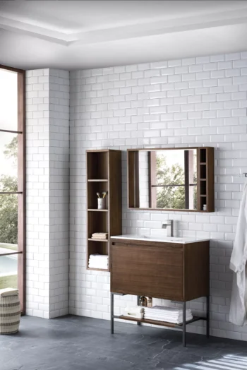 Mantova 31.5" Single Vanity, Mid-Century Walnut, Matte Black Base w/ Glossy White Composite Stone Top - Image 3