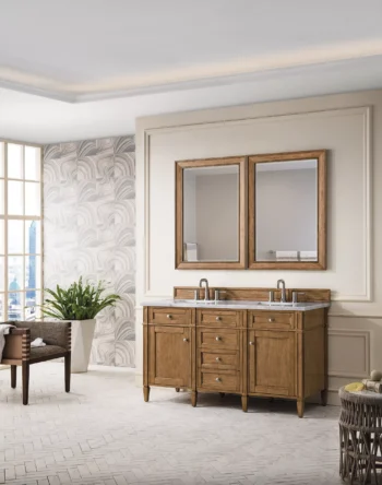 Brittany 60" Double Vanity, Saddle Brown w/ 3 CM Arctic Fall Solid Surface Top - Image 3