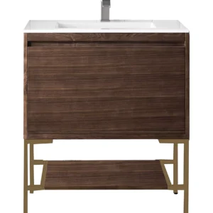 Milan 31.5″ Single Vanity, Mid-Century Walnut, Radiant Gold w/ Glossy White Composite Stone Top