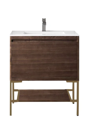 Milan 31.5" Single Vanity, Mid-Century Walnut, Radiant Gold w/ Glossy White Composite Stone Top