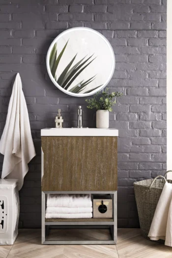 Columbia 24" Single Vanity, Latte Oak, Brushed Nickel w/ White Glossy Composite Stone Top - Image 2