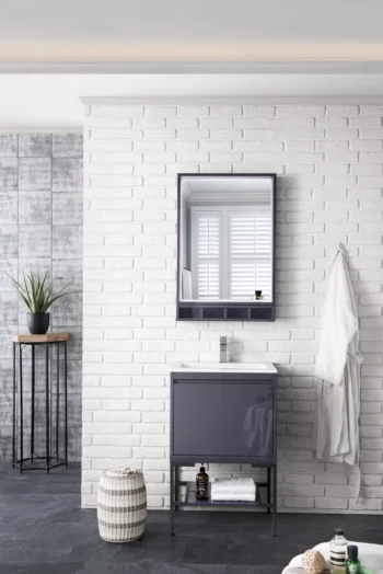 Milan 23.6" Single Vanity, Modern Gray Glossy, Matte Black w/ Glossy White Composite Stone Top - Image 2