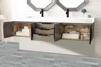 Mercer Island 72" Double Vanity, Ash Gray, Matte Black w/ Glossy White Composite Stone Top - Image 3