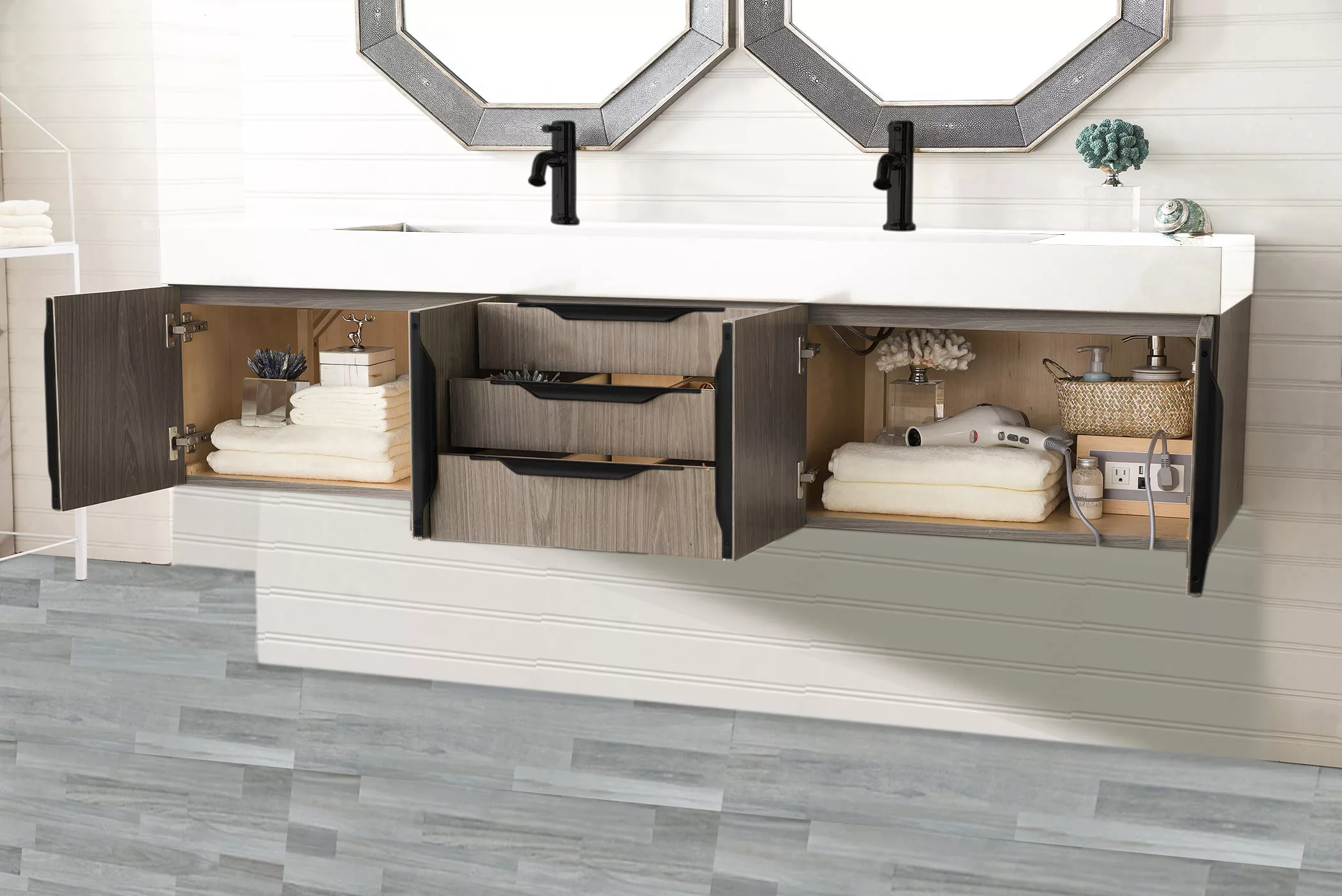 Mercer Island 72" Double Vanity, Ash Gray, Matte Black w/ Glossy White Composite Stone Top - Image 3