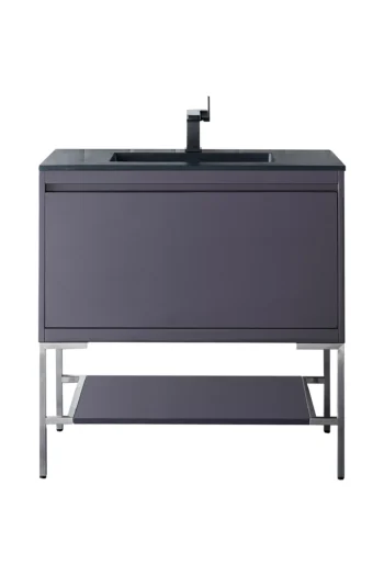 Milan 35.4" Single Vanity, Modern Gray Glossy, Brushed Nickel w/ Charcoal Black Composite Stone Top