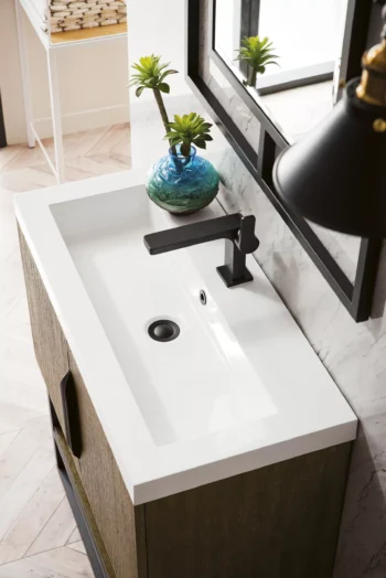 Columbia 31.5" Single Vanity, Latte Oak, Matte Black, w/ White Glossy Composite Stone Top - Image 6
