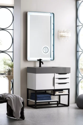 Columbia 36" Single Vanity, Glossy White, Matte Black w/ Dusk Grey Glossy Composite Stone Top - Image 3