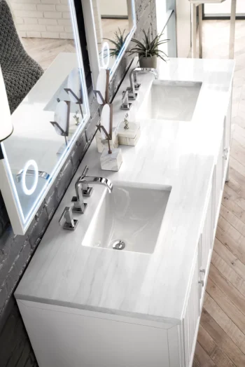 Athens 72" Double Vanity, Glossy White w/ 3 CM Arctic Fall Solid Surface Top - Image 7