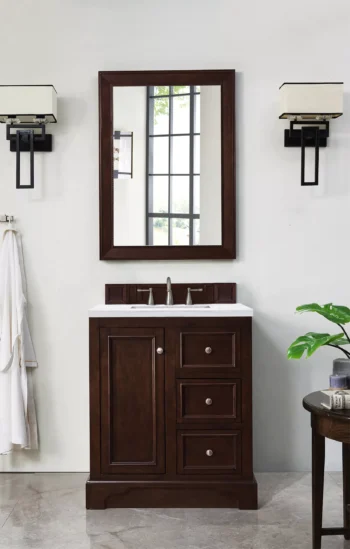 De Soto 30" Single Vanity, Burnished Mahogany w/ 3 CM Arctic Fall Solid Surface Top - Image 2