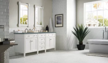 Brittany 72" Double Vanity, Bright White Vanity w/ 3 CM Cala Blue Top - Image 3