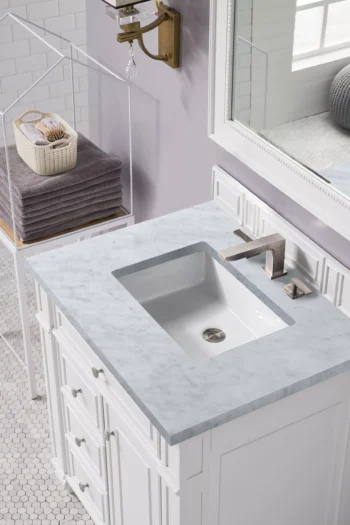 Bristol 30" Single Vanity, Bright White w/ 3 CM Carrara Marble Top - Image 3