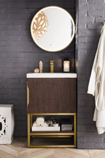 Columbia 24" Single Vanity, Coffee Oak, Radiant Gold w/ White Glossy Composite Stone Top - Image 2