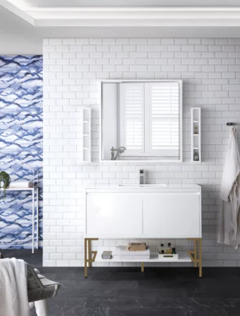 Milan 47.3" Single Vanity, Glossy White, Radiant Gold w/ Glossy White Composite Stone Top - Image 2
