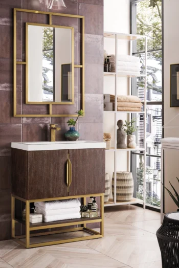 Columbia 31.5" Single Vanity, Coffee Oak, Radiant Gold, w/ Glossy White Composite Stone Top - Image 3