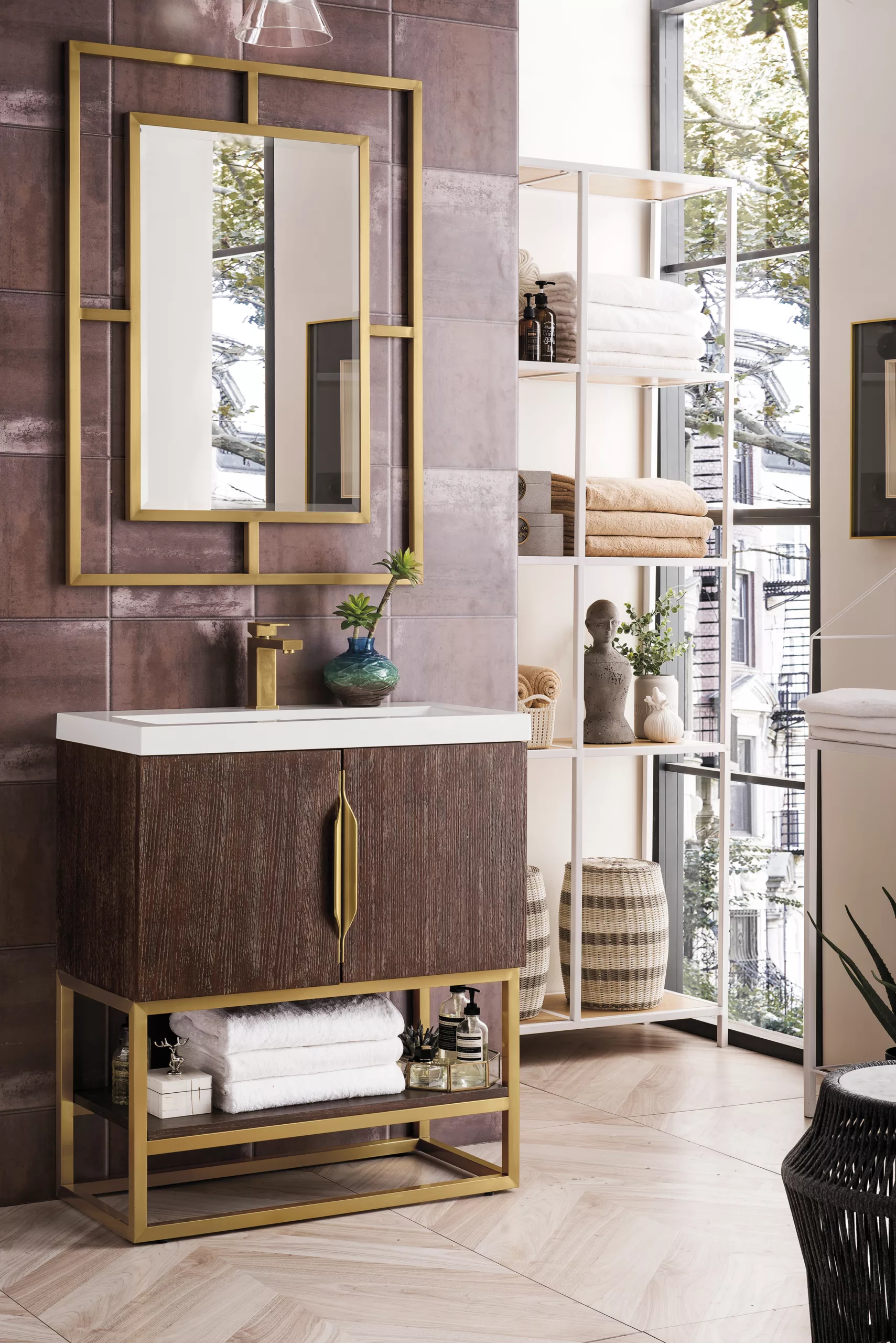 Columbia 31.5" Single Vanity, Coffee Oak, Radiant Gold, w/ Glossy White Composite Stone Top - Image 3