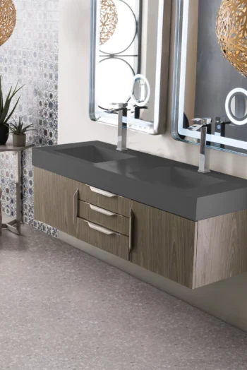 Mercer Island 59" Double Vanity, Ash Gray w/ Dusk Grey Glossy Composite Stone Top - Image 3