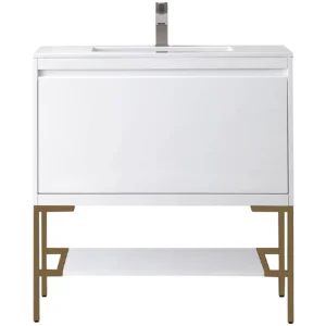 Milan 35.4″ Single Vanity, Glossy White, Radiant Gold w/ Glossy White Composite Stone Top