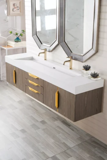 Mercer Island 72" Double Vanity, Ash Gray, Radiant Gold w/ Glossy White Composite Stone Top - Image 4