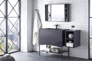 Milan 35.4" Single Vanity, Modern Gray Glossy, Matte Black w/ Charcoal Black Composite Stone Top - Image 3