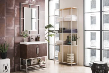 Columbia 31.5" Single Vanity, Coffee Oak, Brushed Nickel, w/ Glossy White Composite Stone Top - Image 3