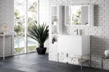Mantova 31.5" Single Vanity, Glossy White, Brushed Nickel Base w/ Glossy White Composite Stone Top - Image 3
