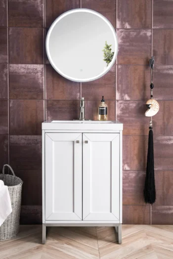 Chianti 24" Single Vanity, Glossy White, Brushed Nickel, w/ White Glossy Composite Stone Top - Image 2