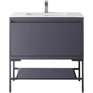 Milan 35.4″ Single Vanity, Modern Gray Glossy, Matte Black w/ Glossy White Composite Stone Top