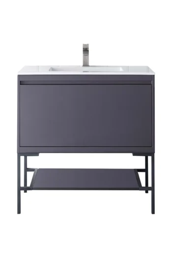 Milan 35.4" Single Vanity, Modern Gray Glossy, Matte Black w/ Glossy White Composite Stone Top