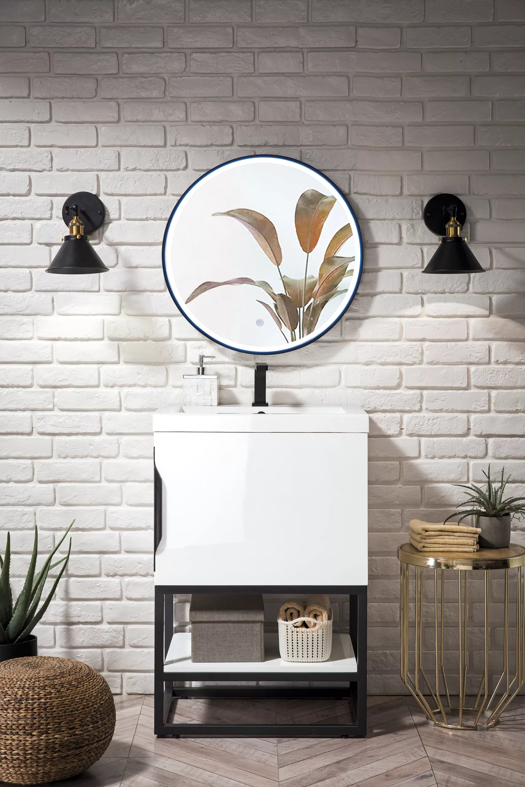 Columbia 24" Single Vanity, Glossy White, Matte Black w/ White Glossy Composite Stone Top - Image 2