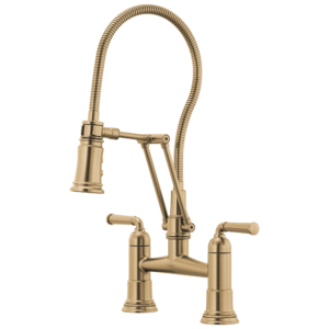 Brizo Rook®: Articulating Bridge Faucet with Finished Hose In Luxe Gold