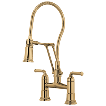 Brizo Rook®: Articulating Bridge Faucet with Finished Hose In Polished Gold