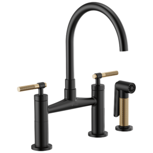 Brizo Litze®: Bridge Faucet with Arc Spout and Knurled Handle In Matte Black / Luxe Gold