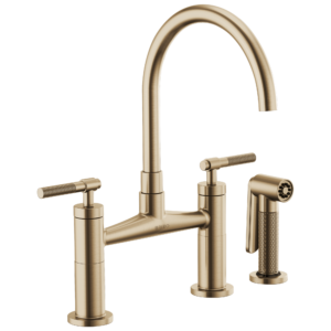 Brizo Litze®: Bridge Faucet with Arc Spout and Knurled Handle In Luxe Gold