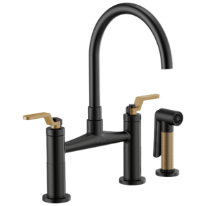 Brizo Litze®: Bridge Faucet with Arc Spout and Industrial Handle In Matte Black / Luxe Gold