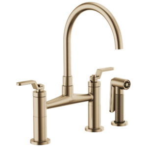 Brizo Litze®: Bridge Faucet with Arc Spout and Industrial Handle In Luxe Gold