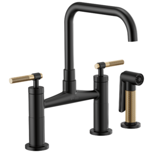 Brizo Litze®: Bridge Faucet with Square Spout and Knurled Handle In Matte Black / Luxe Gold